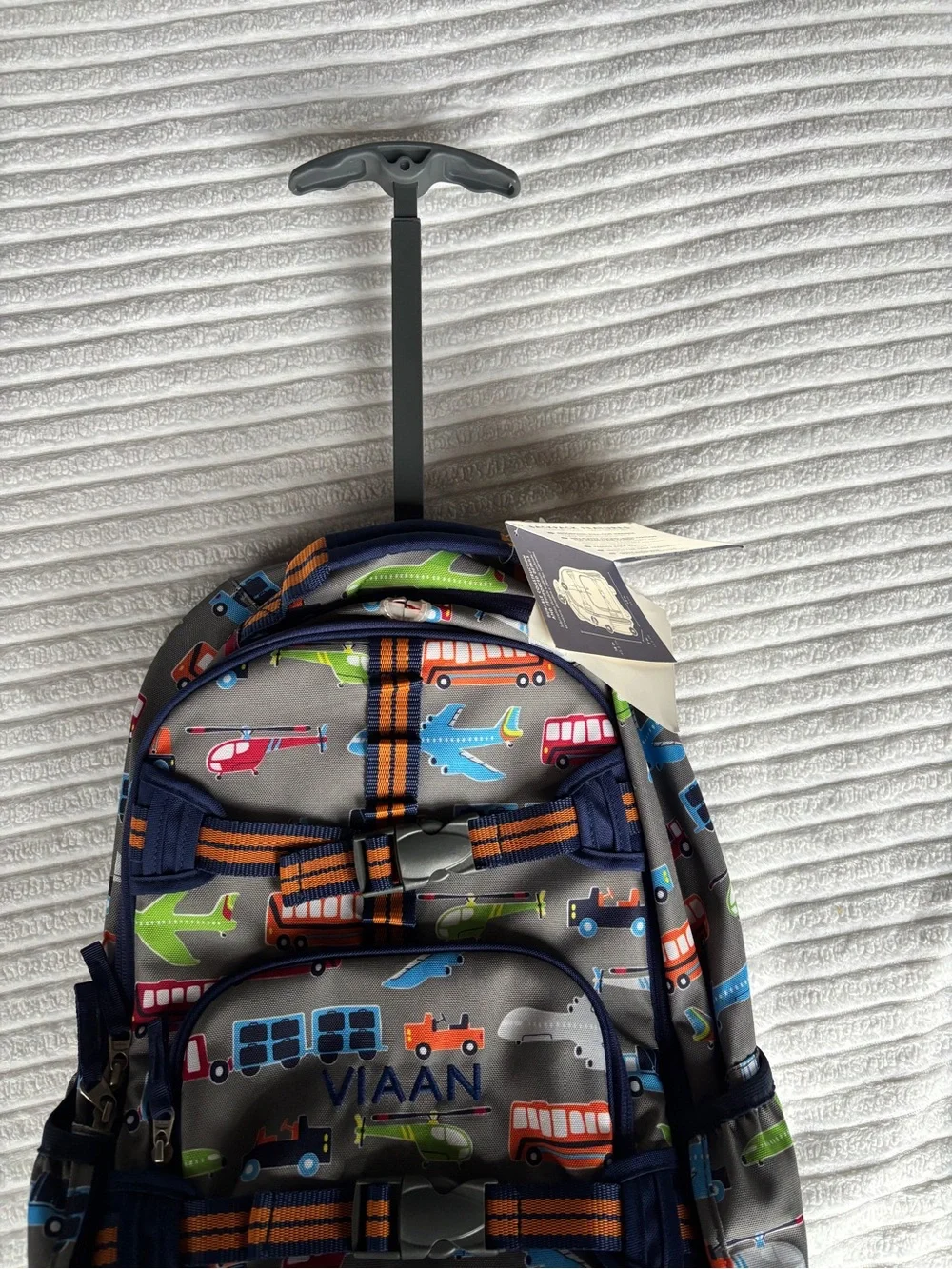 Pottery Barn for Kids Rolling Backpack - Grey with Multi-Vehicle print